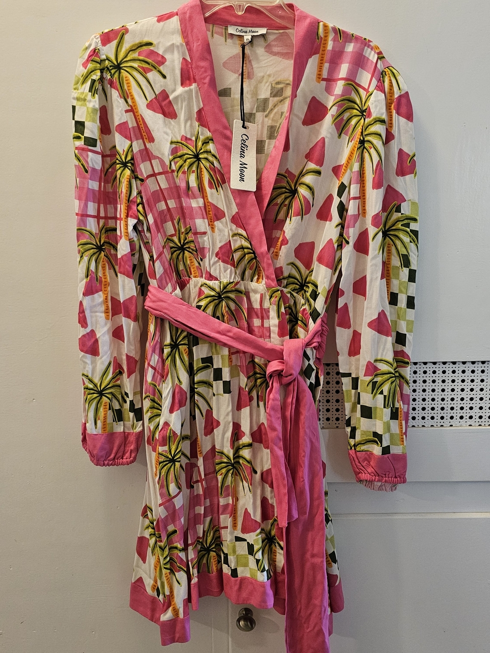 CELINA MOON Pink Tropical Print Wrap Dress with Green Palm Tree Accents